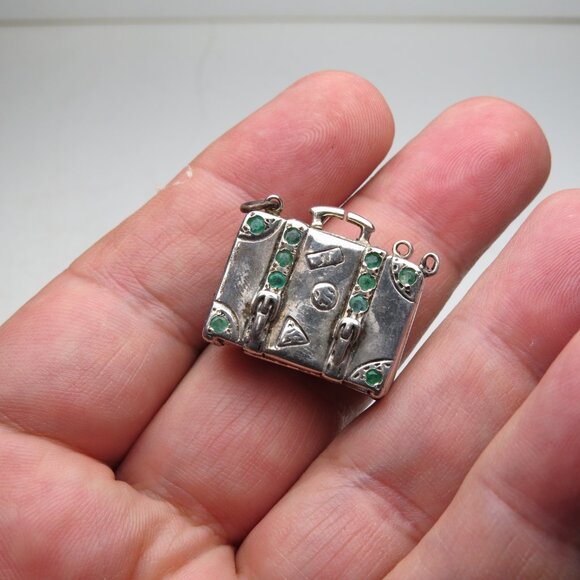 *925 Silver Antique Suitcase Emerald - Picture 3 of 12